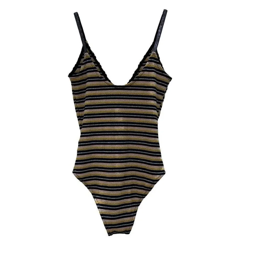 Topshop Nordstrom Bodysuit Women's Sz 2 Multicolor Stripe Ribbed Metallic V-Neck